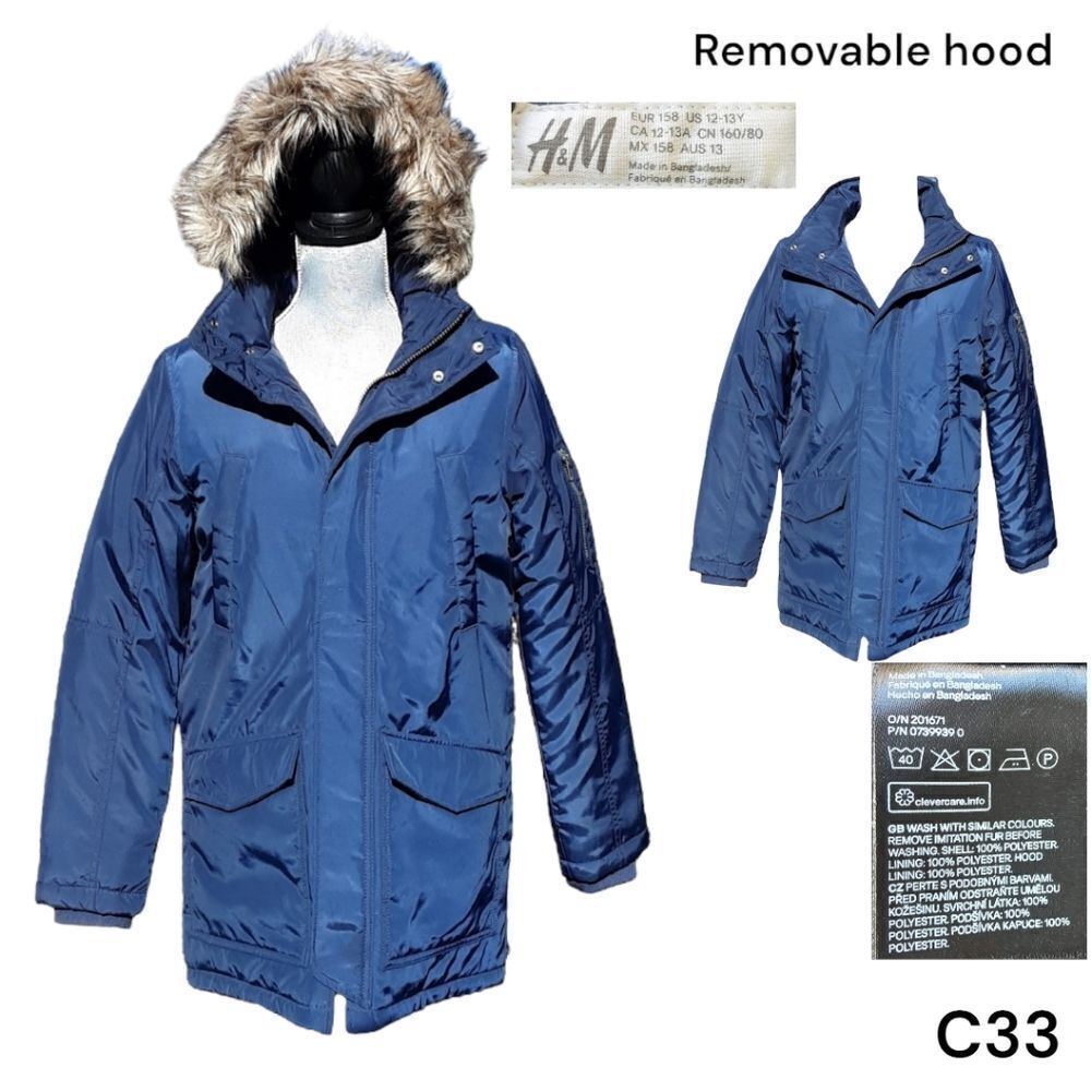 H & M Ladies Blue, Removable Fur Trimmed Hood, Size 12/13